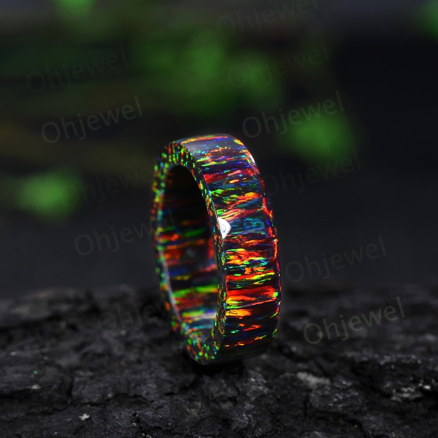 Vintage black fire opal wedding band mens full eternity dainty opal engagement ring women October birthstone anniversary gift for him her