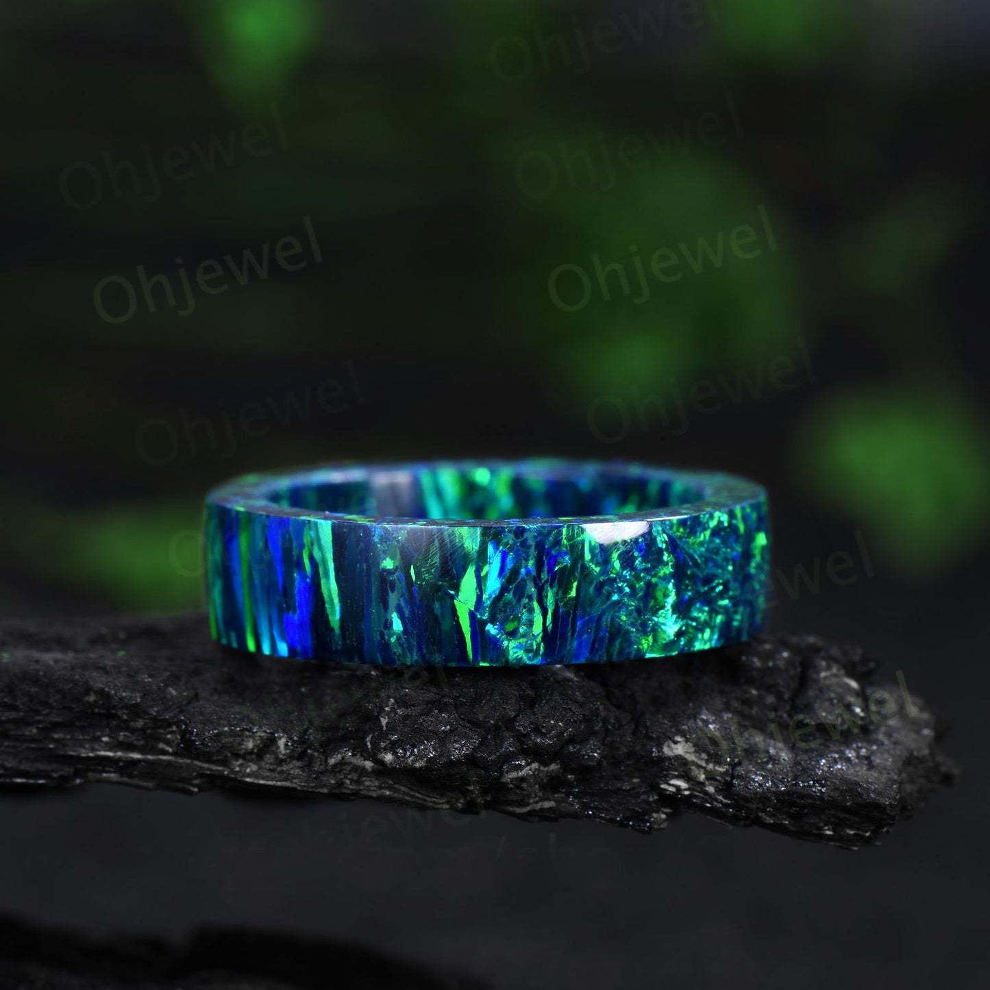 Vintage black opal wedding band mens full eternity dainty blue opal engagement ring women October birthstone anniversary gift for him her
