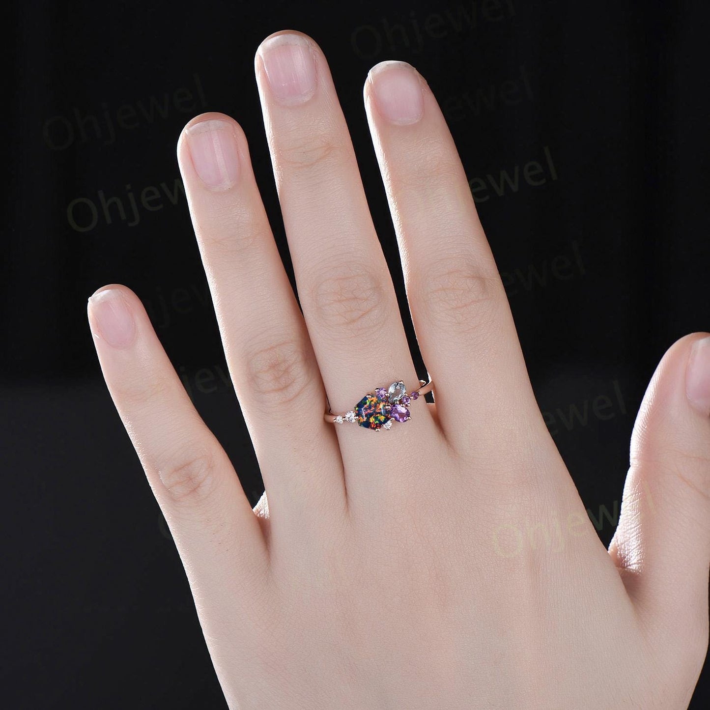 Hexagon cut black fire opal ring rose gold cluster unique engagement ring opal amethyst multi stone ring silver delicate wedding gift women