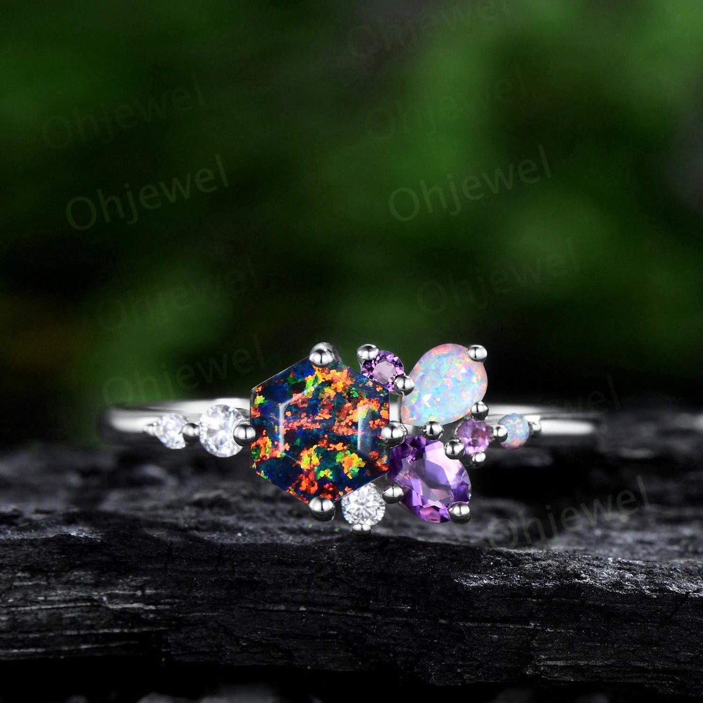 Hexagon cut black fire opal ring rose gold cluster unique engagement ring opal amethyst multi stone ring silver delicate wedding gift women