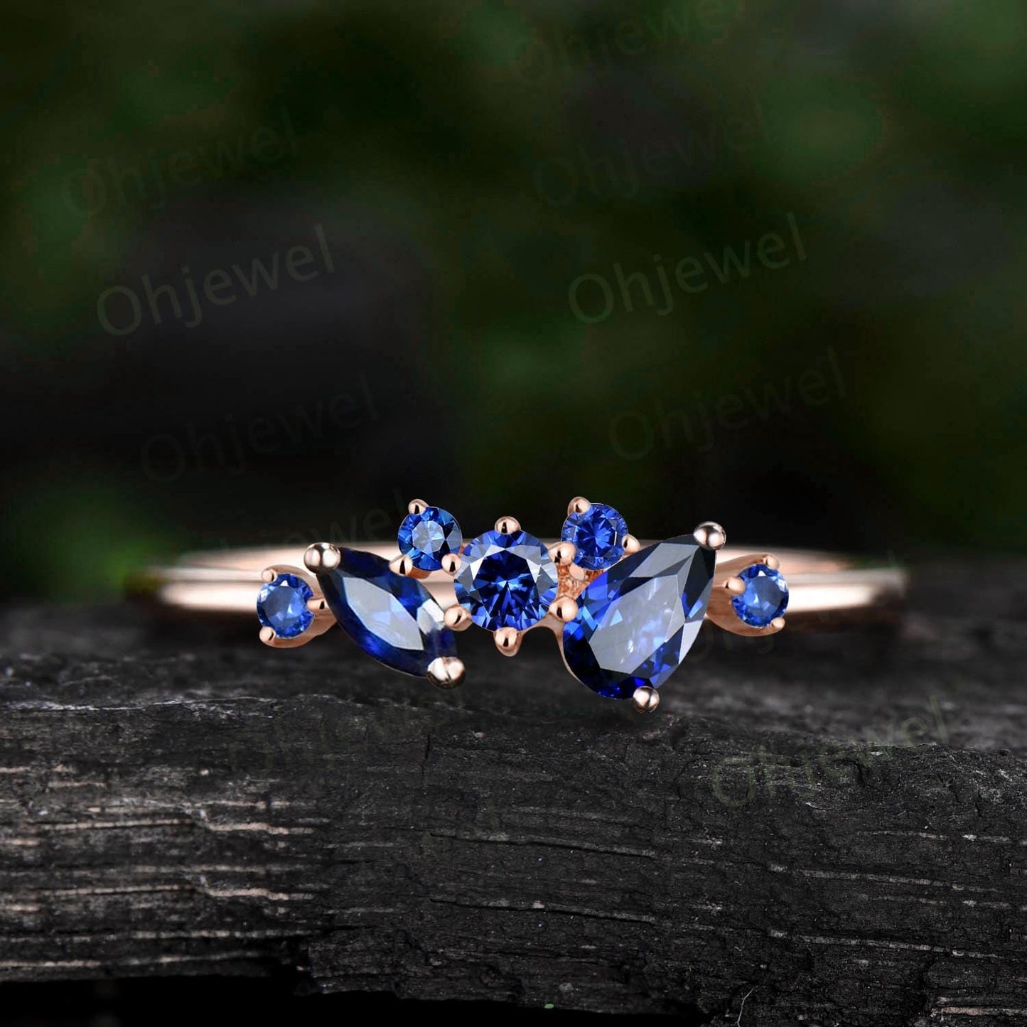 Pear sapphire ring 14k yellow gold snowdrift cluster opal wedding band dainty unique anniversary wedding ring gift for women jewelry