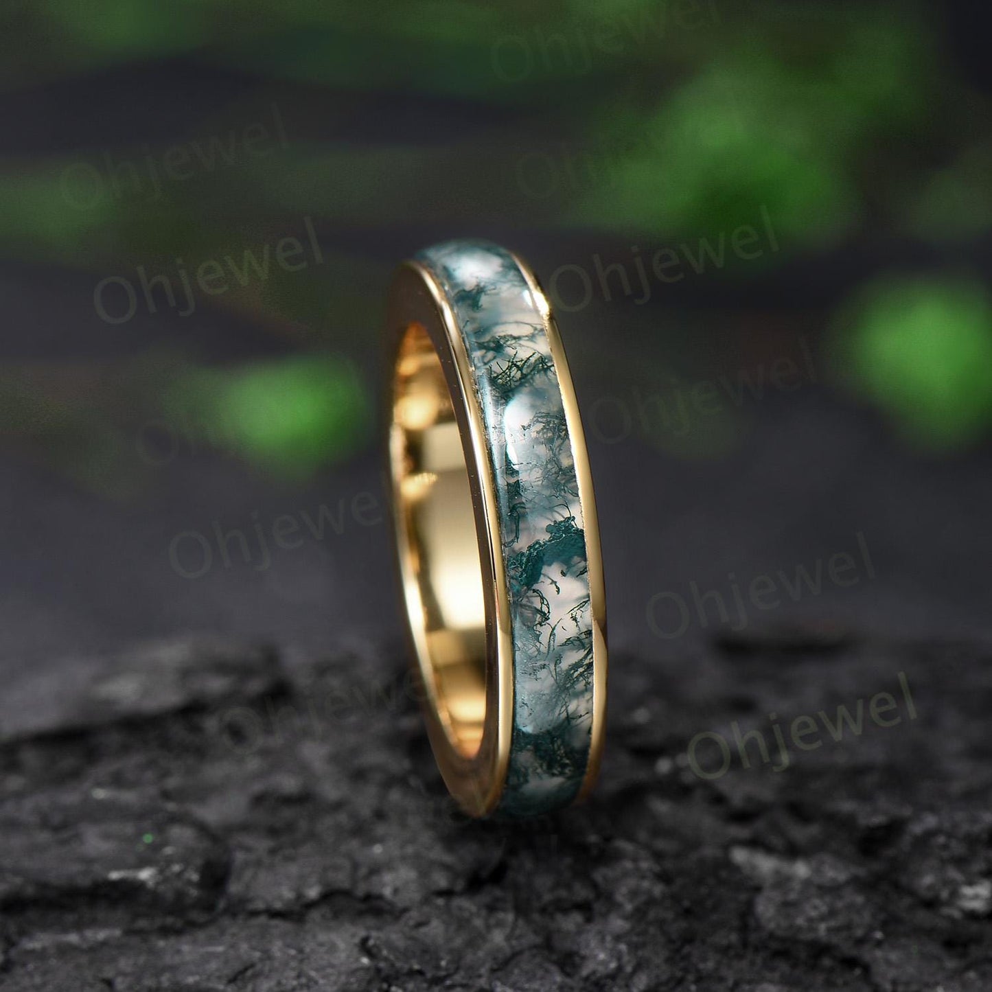 Full eternity natural moss agate wedding band mens solid 10k 14k yellow gold ring unique engagement promise ring for husband