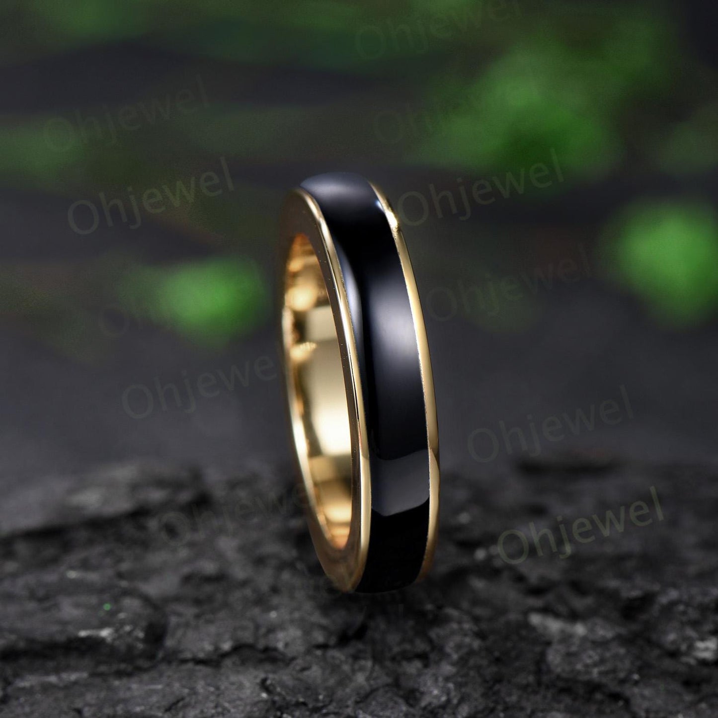Full eternity black onyx wedding band mens solid 10k 14k yellow gold ring unique engagement bridal ring for husband black gemstone ring