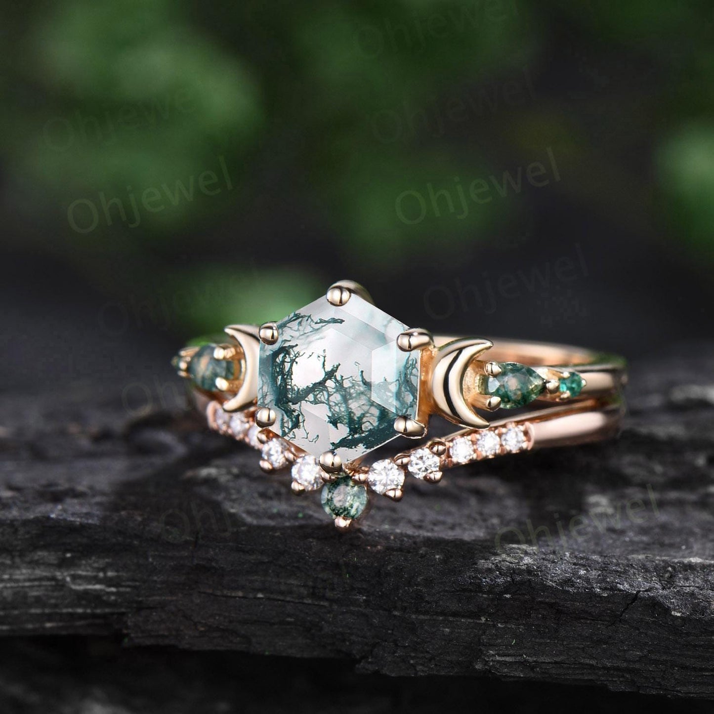 Hexagon cut green moss agate ring 14k yellow gold five stone moon unique engagement ring emerald bridal wedding ring set women jewelry gift