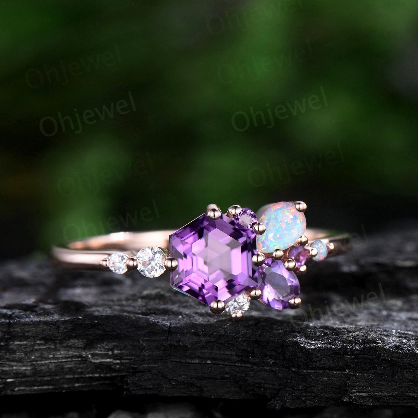 Hexagon cut purple amethyst ring rose gold cluster unique engagement ring opal multi stone ring silver delicate anniversary gift women
