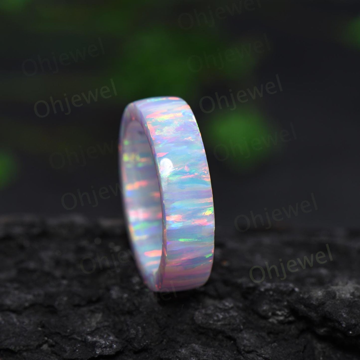 5mm White opal wedding band mens fire opal ring band anniversary gift for him her unique engagement ring women October birthstone ring