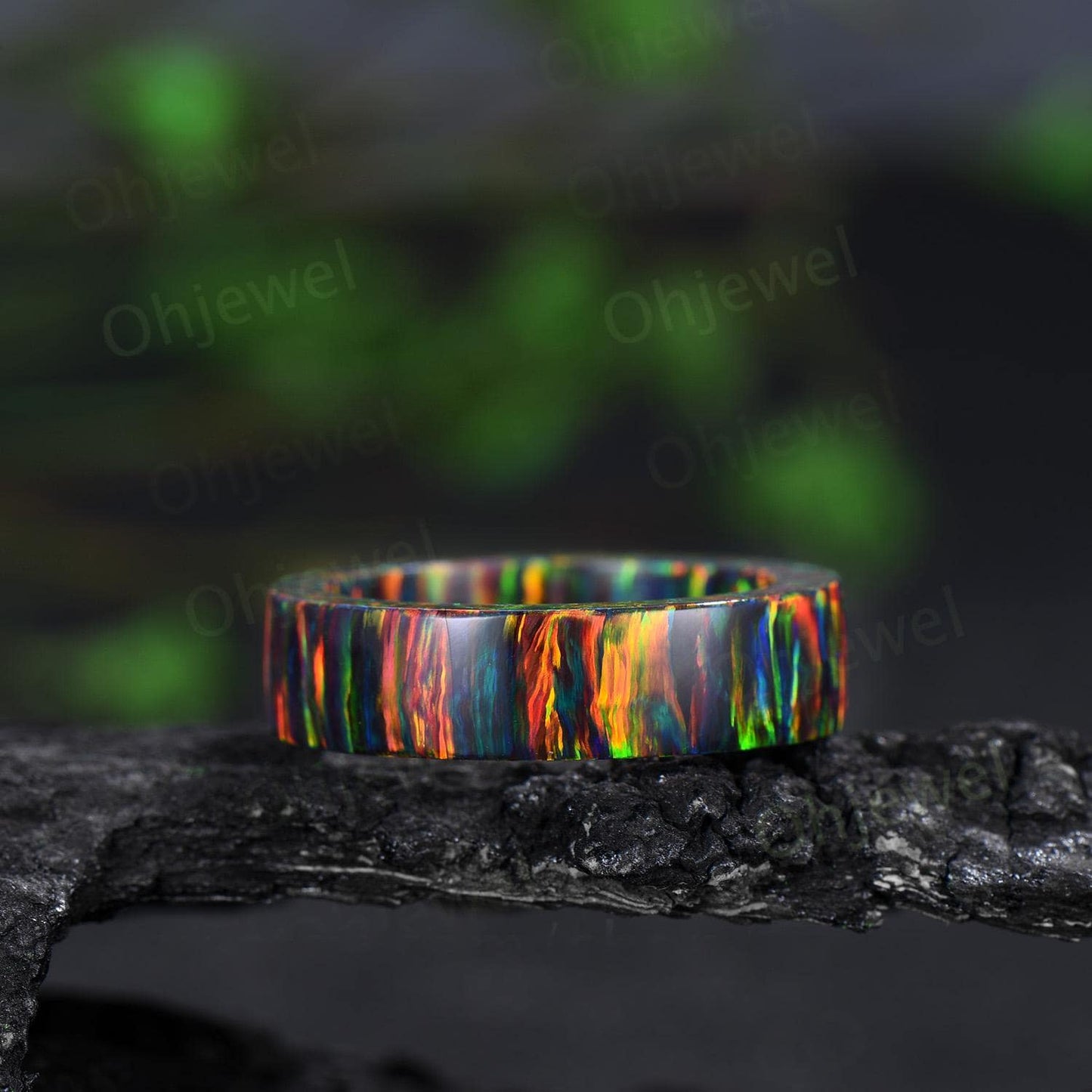 Vintage black fire opal wedding band mens full eternity dainty opal engagement ring women October birthstone anniversary gift for him her