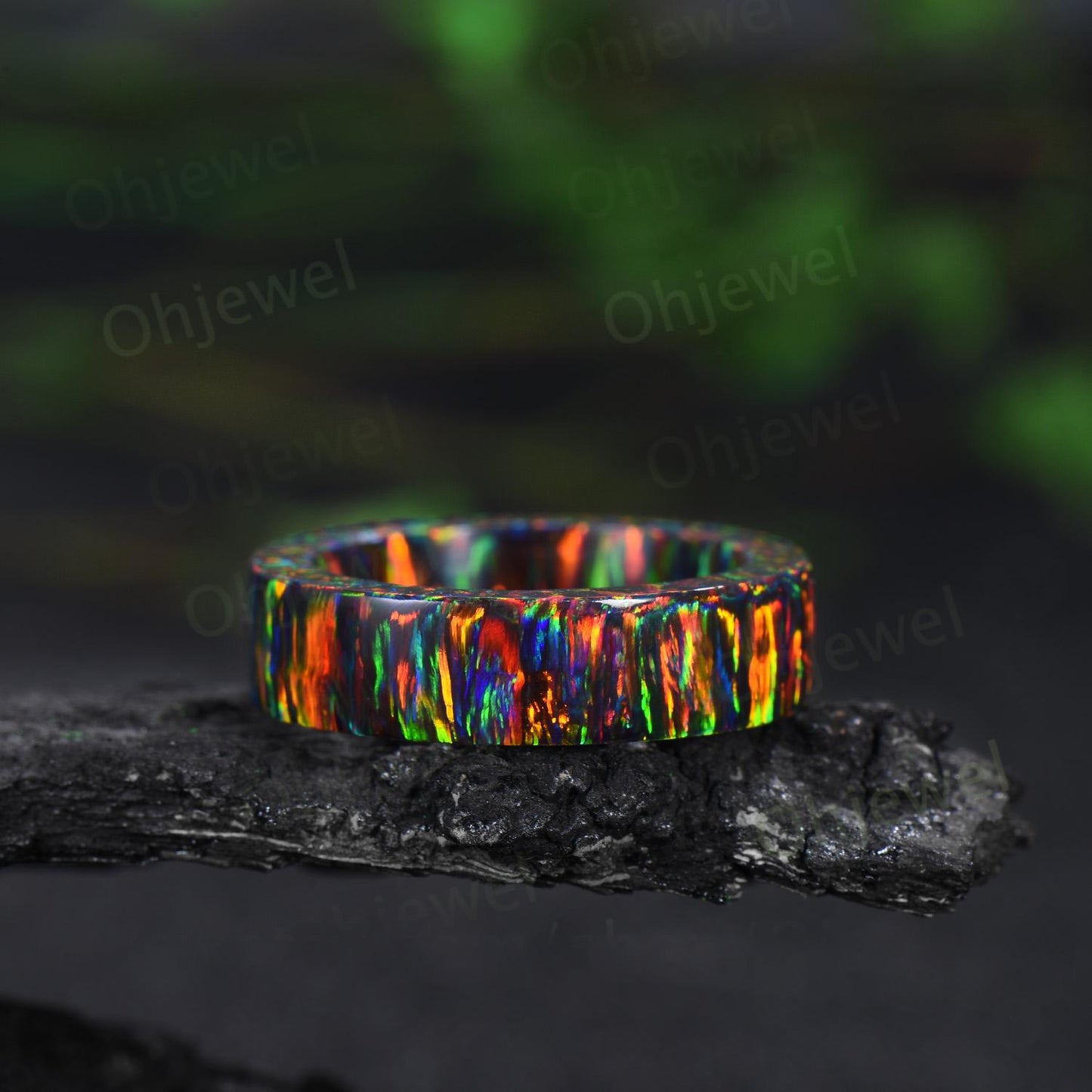 Vintage black fire opal wedding band mens full eternity dainty opal engagement ring women October birthstone anniversary gift for him her