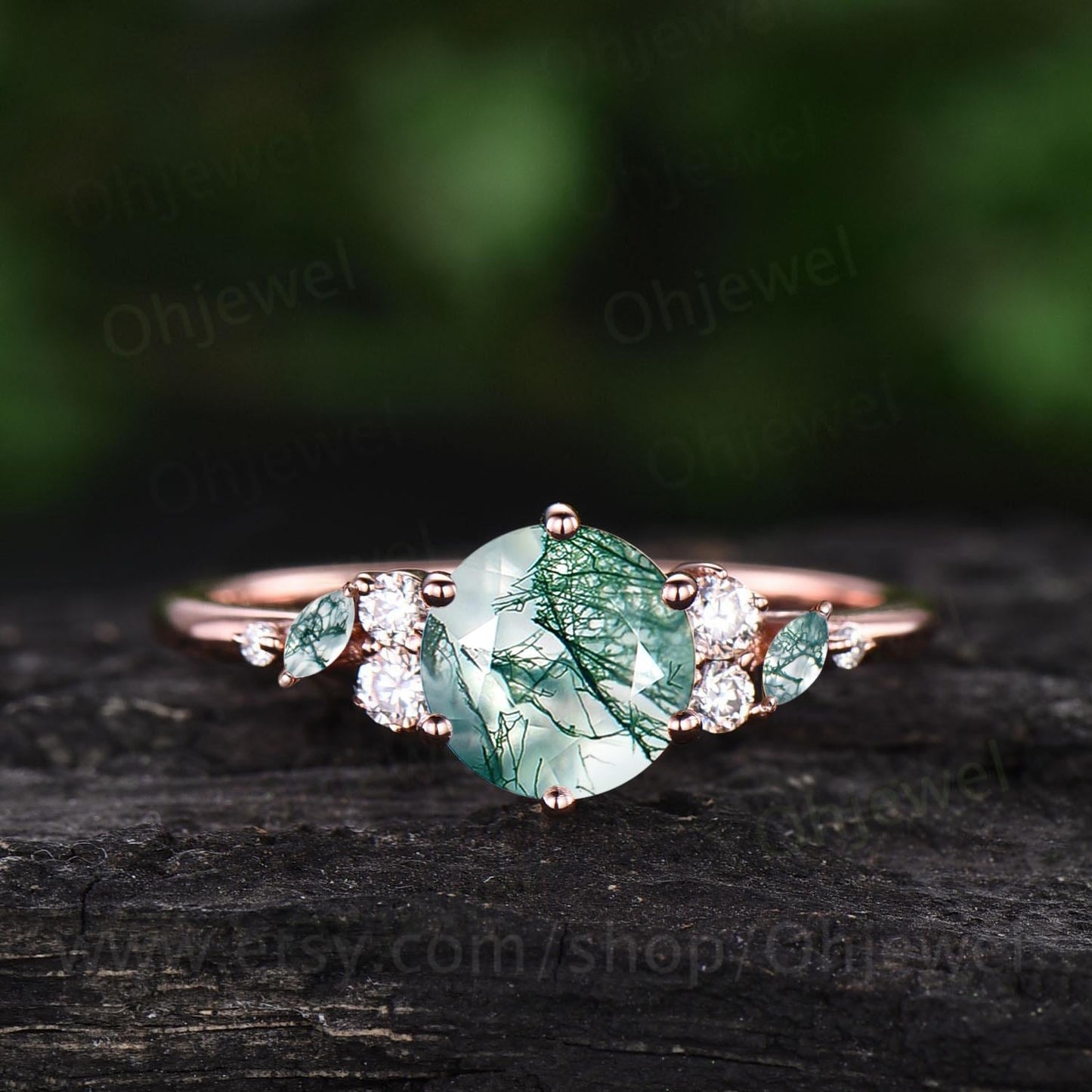 1ct round cut moss agate ring rose gold cluster snowdrift unique engagement ring women 6 prong promise ring her jewelry