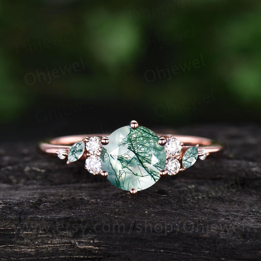1ct round cut moss agate ring rose gold cluster snowdrift unique engagement ring women 6 prong promise ring her jewelry