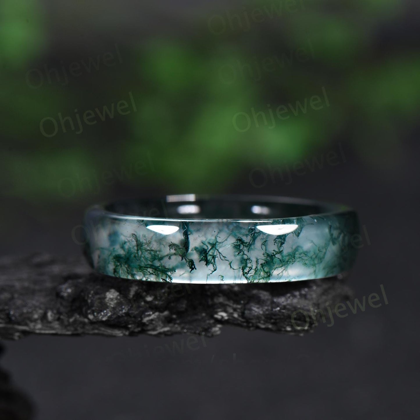 5mm green moss agate wedding band mens natural moss agate ring jewelry anniversary gift for him her dainty vintage engagement ring women