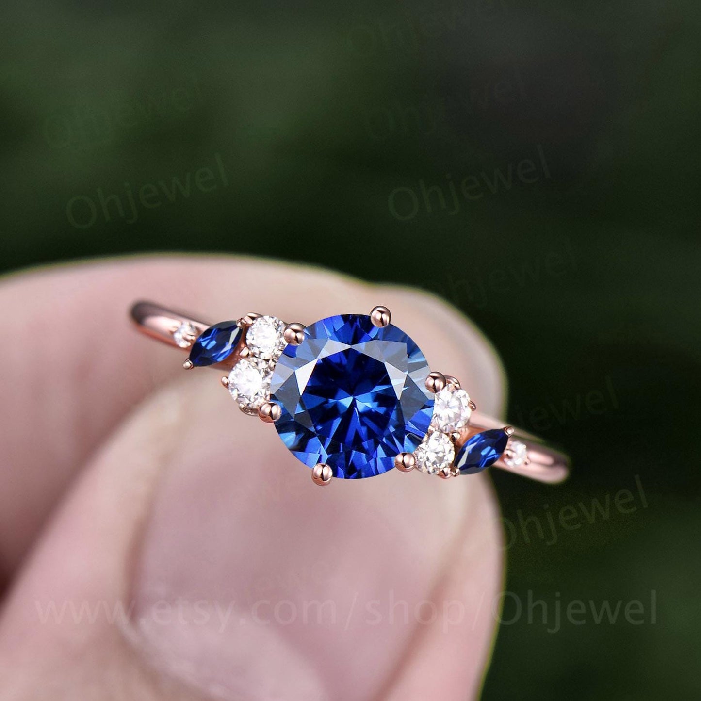 Unique 1ct round cut blue sapphire engagement ring solid 14k white gold cluster snowdrift diamond promise ring women her wedding ring silver