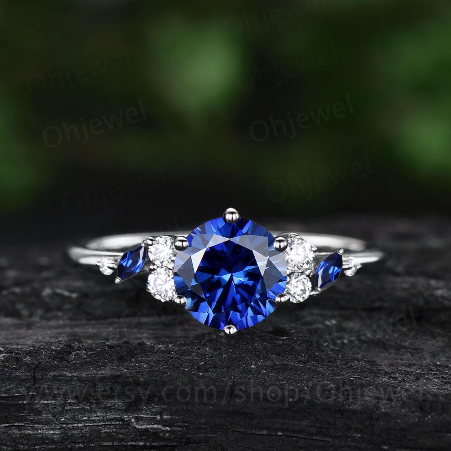 Unique 1ct round cut blue sapphire engagement ring solid 14k white gold cluster snowdrift diamond promise ring women her wedding ring silver