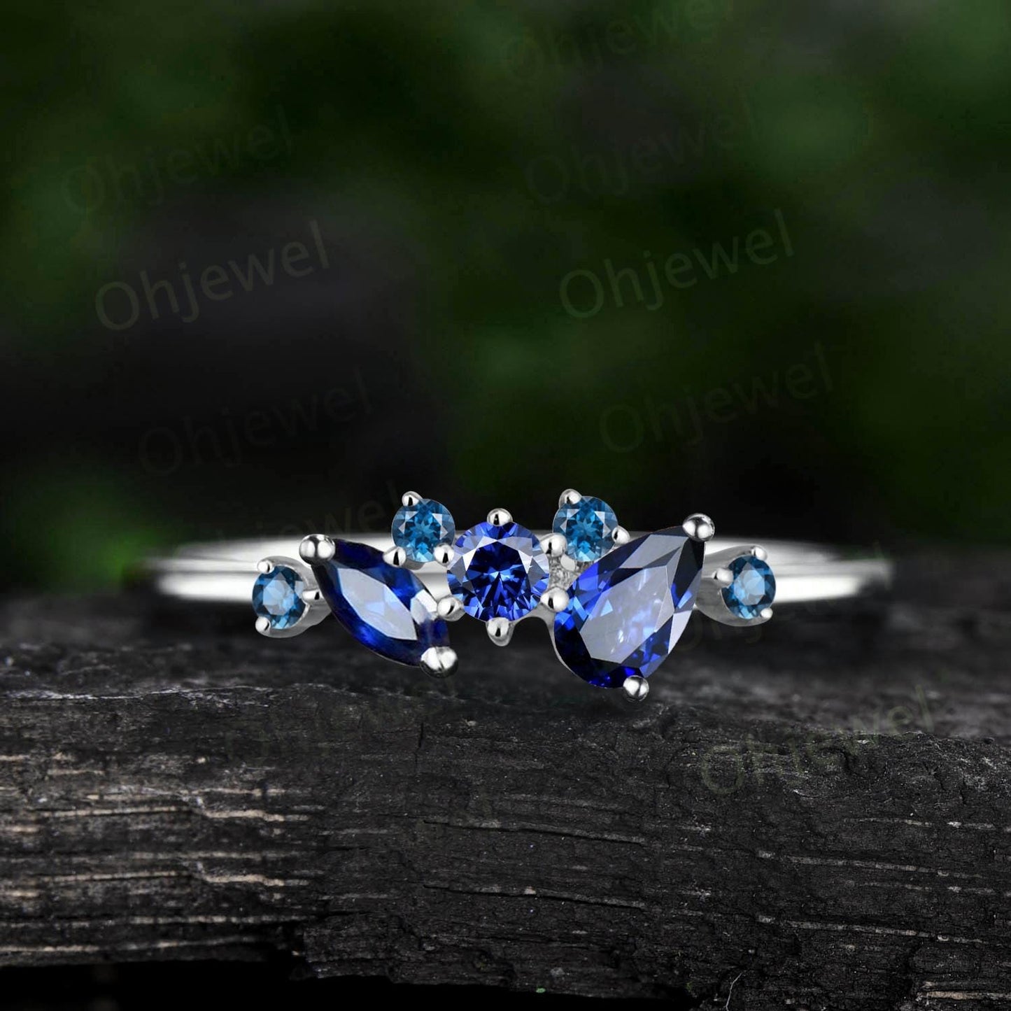 Pear sapphire ring 14k yellow gold snowdrift cluster opal wedding band dainty unique anniversary wedding ring gift for women jewelry