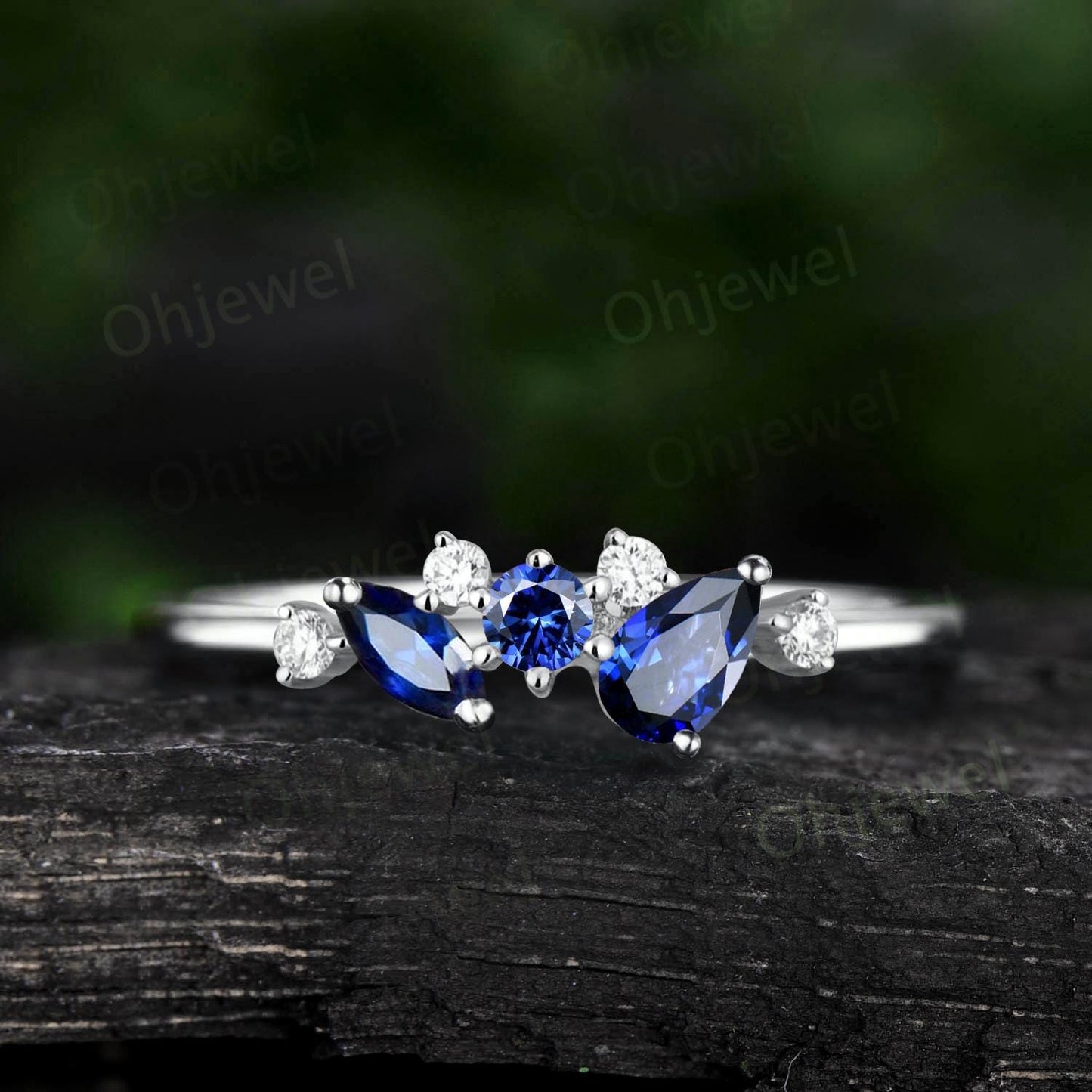 Pear sapphire ring 14k yellow gold snowdrift cluster opal wedding band dainty unique anniversary wedding ring gift for women jewelry