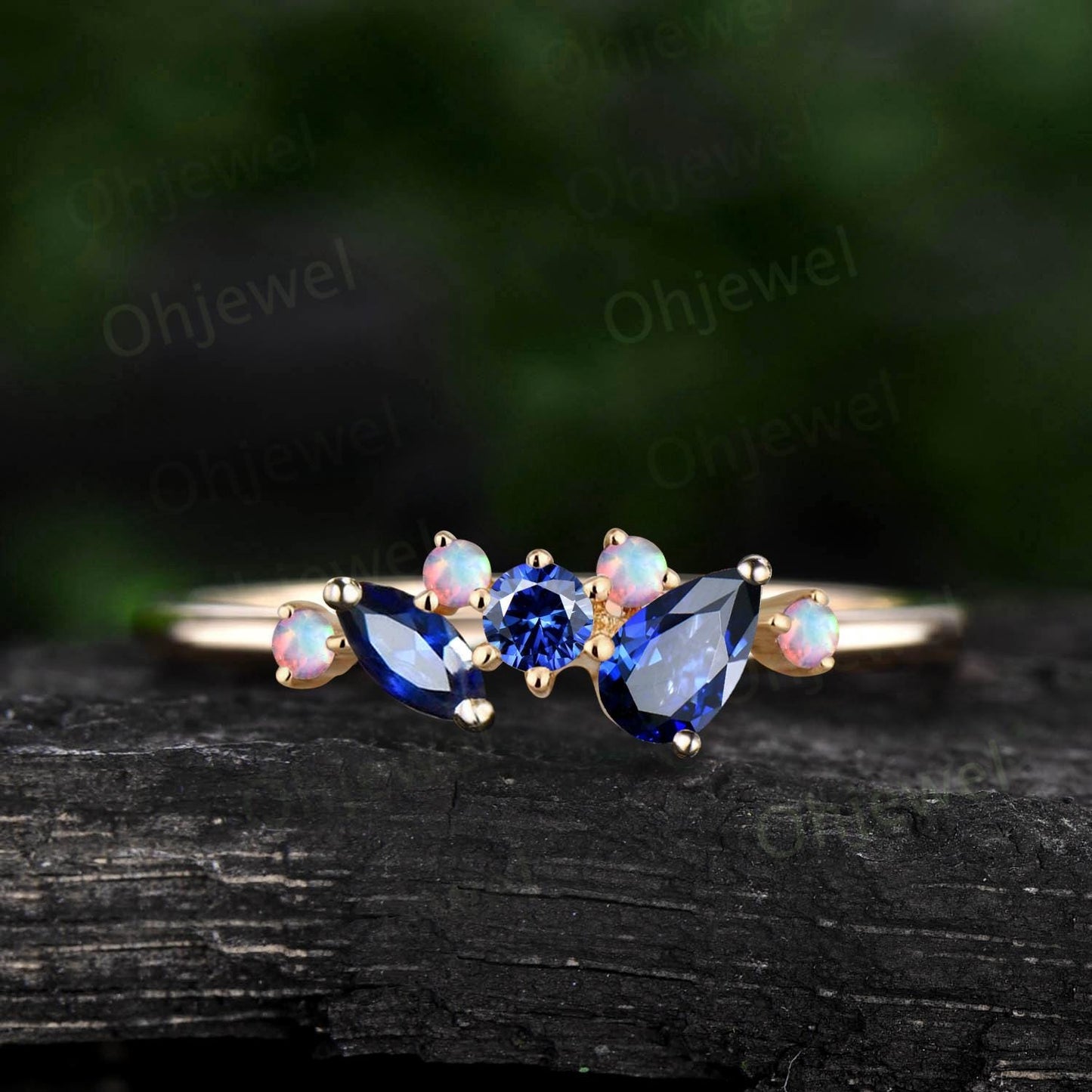 Pear sapphire ring 14k yellow gold snowdrift cluster opal wedding band dainty unique anniversary wedding ring gift for women jewelry