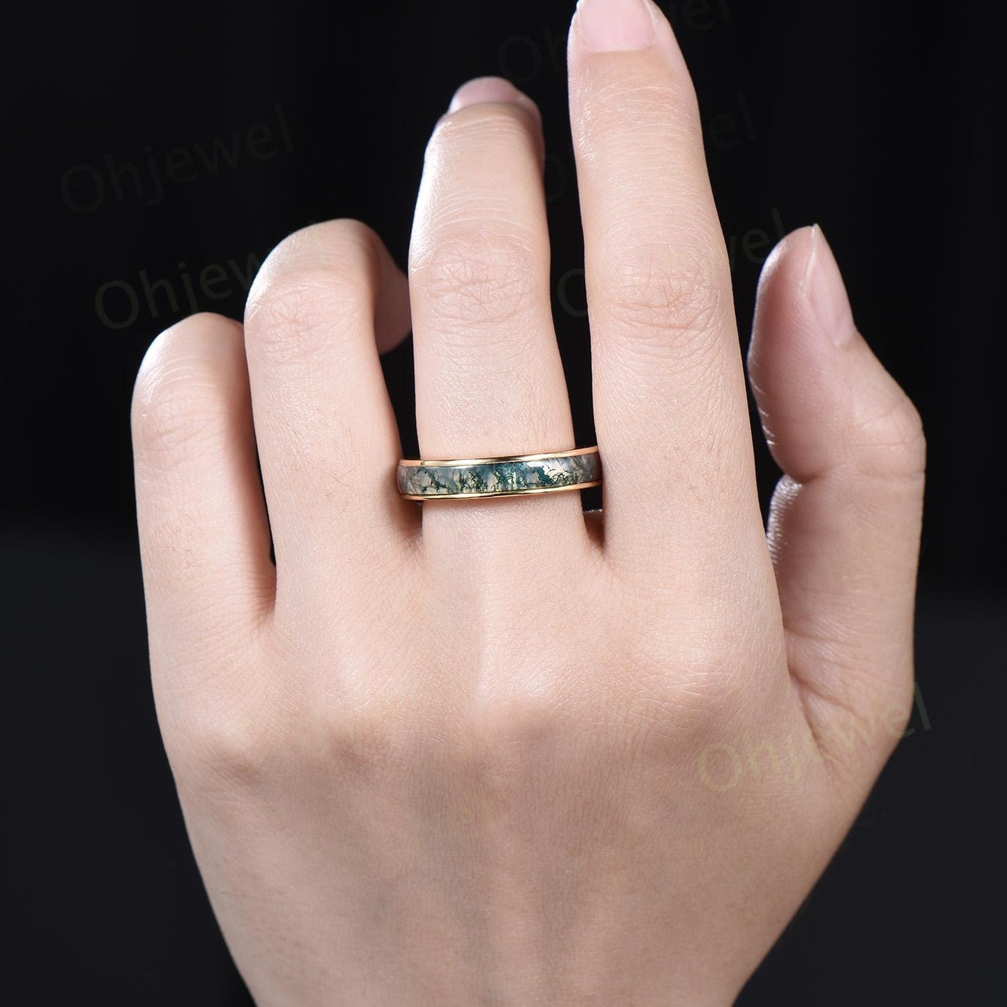 Full eternity natural moss agate wedding band mens solid 10k 14k yellow gold ring unique engagement promise ring for husband