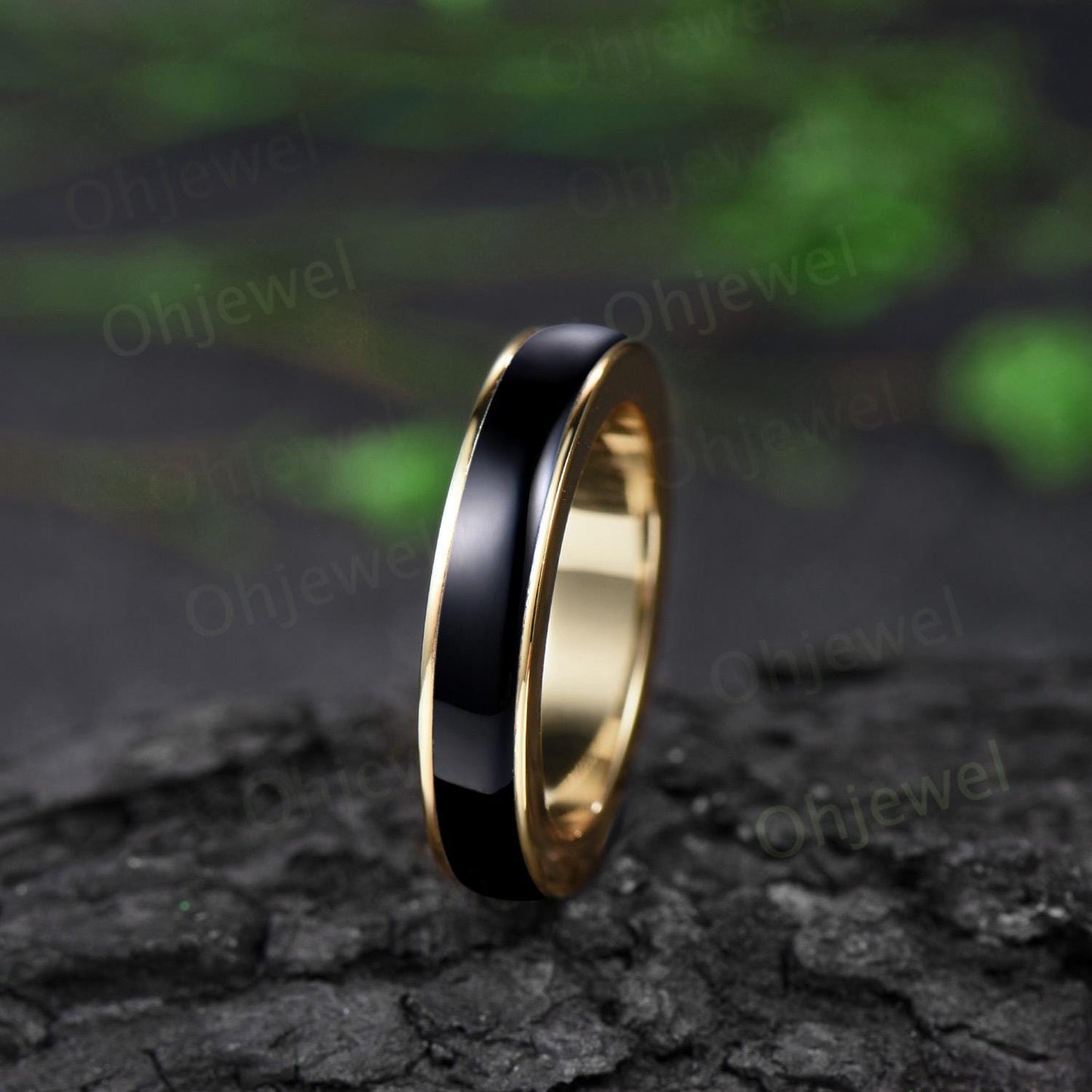 Full eternity black onyx wedding band mens solid 10k 14k yellow gold ring unique engagement bridal ring for husband black gemstone ring