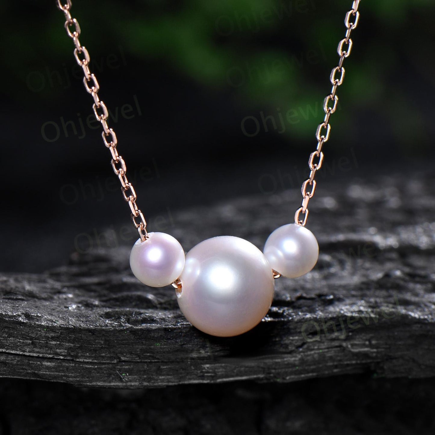 Three stone freshwater pearl necklace 14k rose gold Simple natural pearl necklace June birthstone pendant anniversary gift for women mother