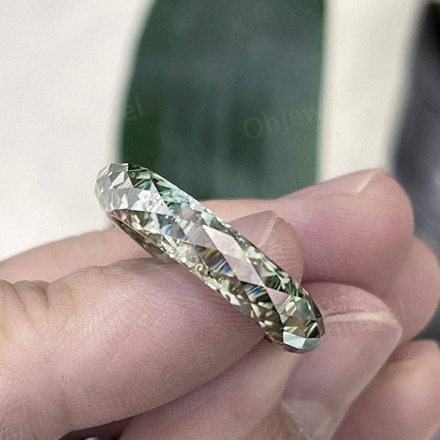 Briolette cut green moissanite wedding band mens full eternity dainty engagement ring women anniversary gift for him her