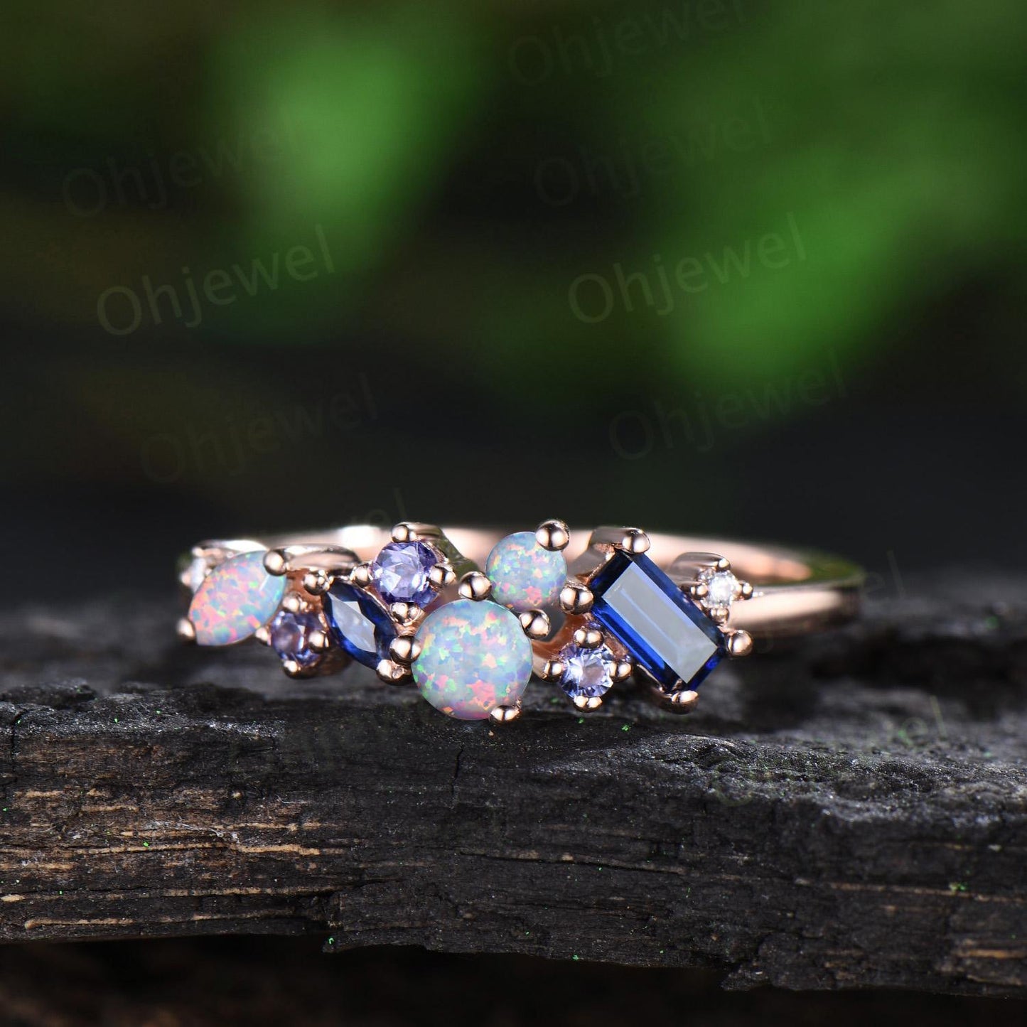 Dainty round white opal ring cluster Baguette sapphire ring natural tanzanite ring women solid 14k rose gold anniversary wedding ring gift