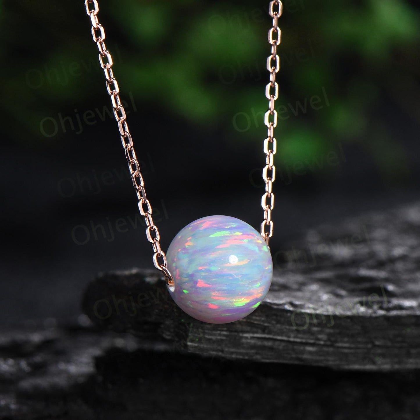 9mm sphere white opal necklace solid 14k rose gold chain Ethiopian opal roundels beads pendant women anniversary gift for her silver