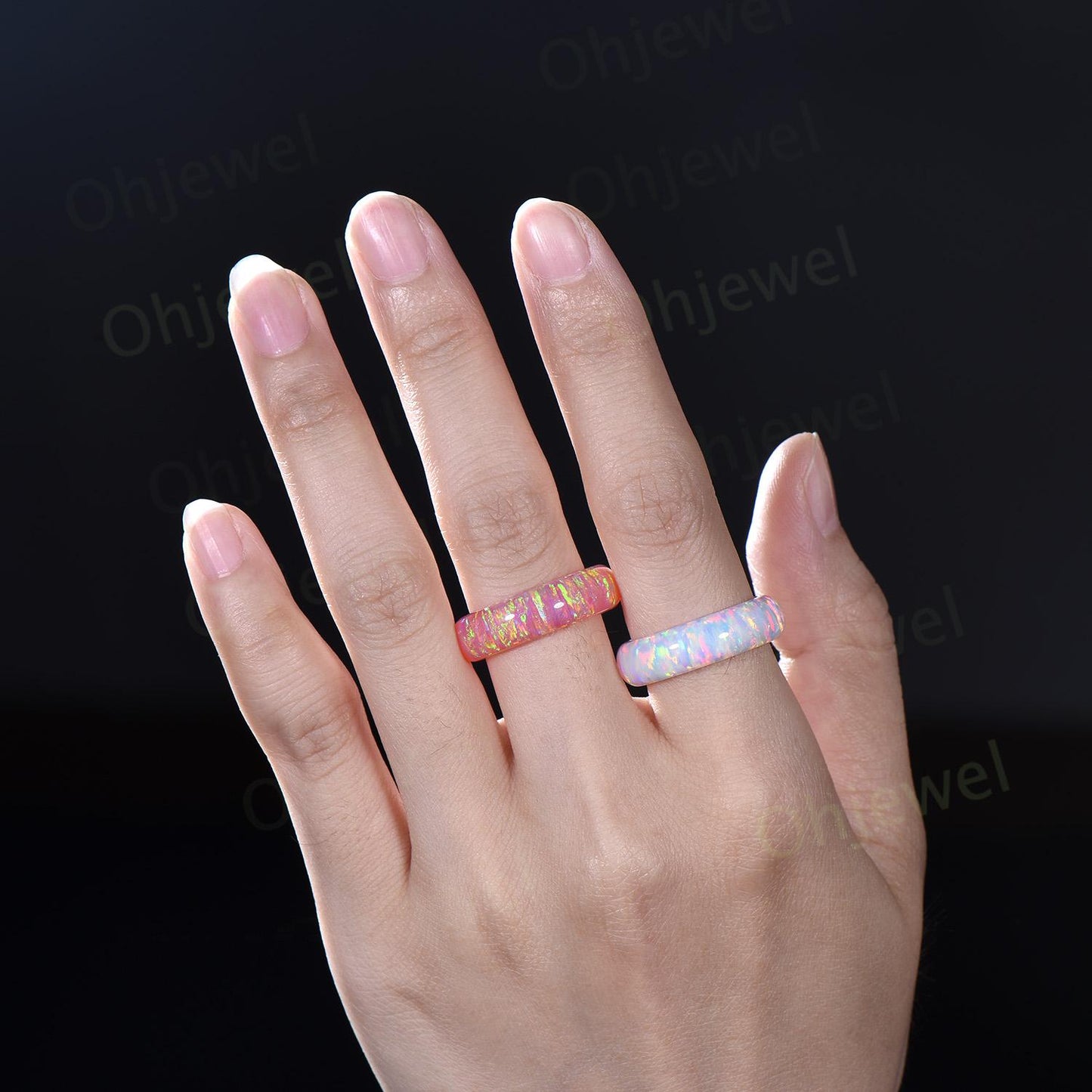 6mm unique fire pink opal wedding band mens orange opal ring minimalist stacking white opal bridal ring engagement ring gift for him husband