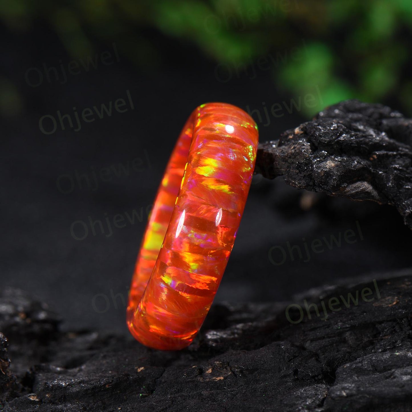 6mm unique fire pink opal wedding band mens orange opal ring minimalist stacking white opal bridal ring engagement ring gift for him husband