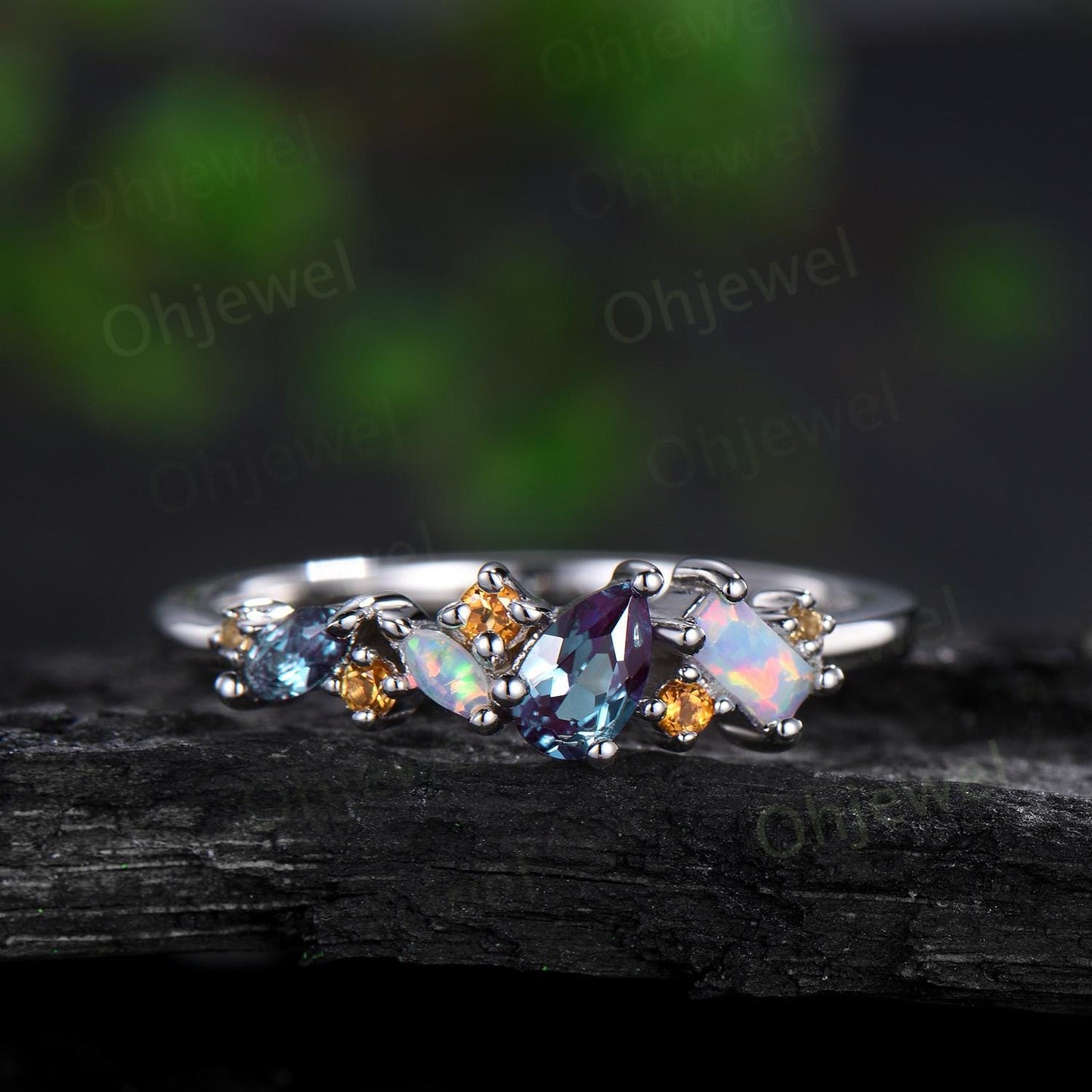 Pear Alexandrite ring white gold Baguette opal ring dainty citrine ring women anniversary bridal wedding ring band gift