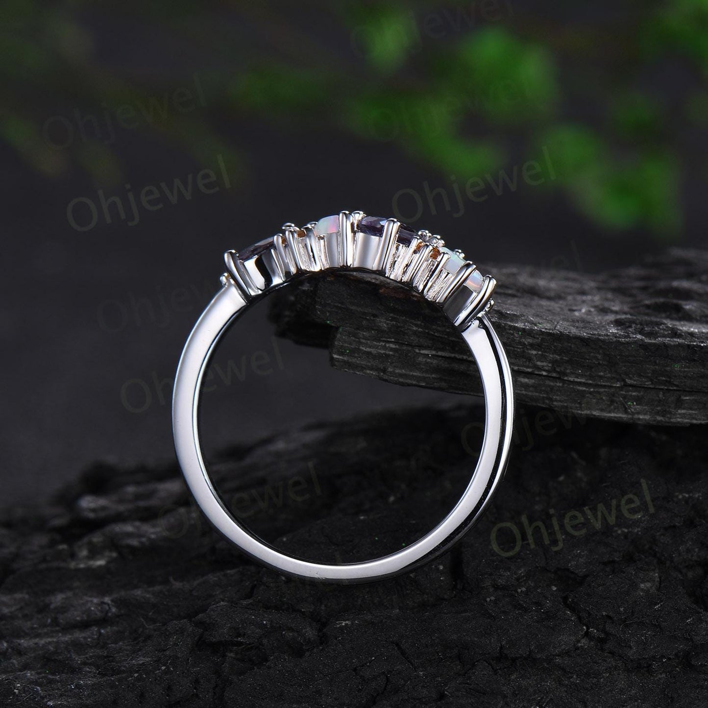 Pear Alexandrite ring white gold Baguette opal ring dainty citrine ring women anniversary bridal wedding ring band gift