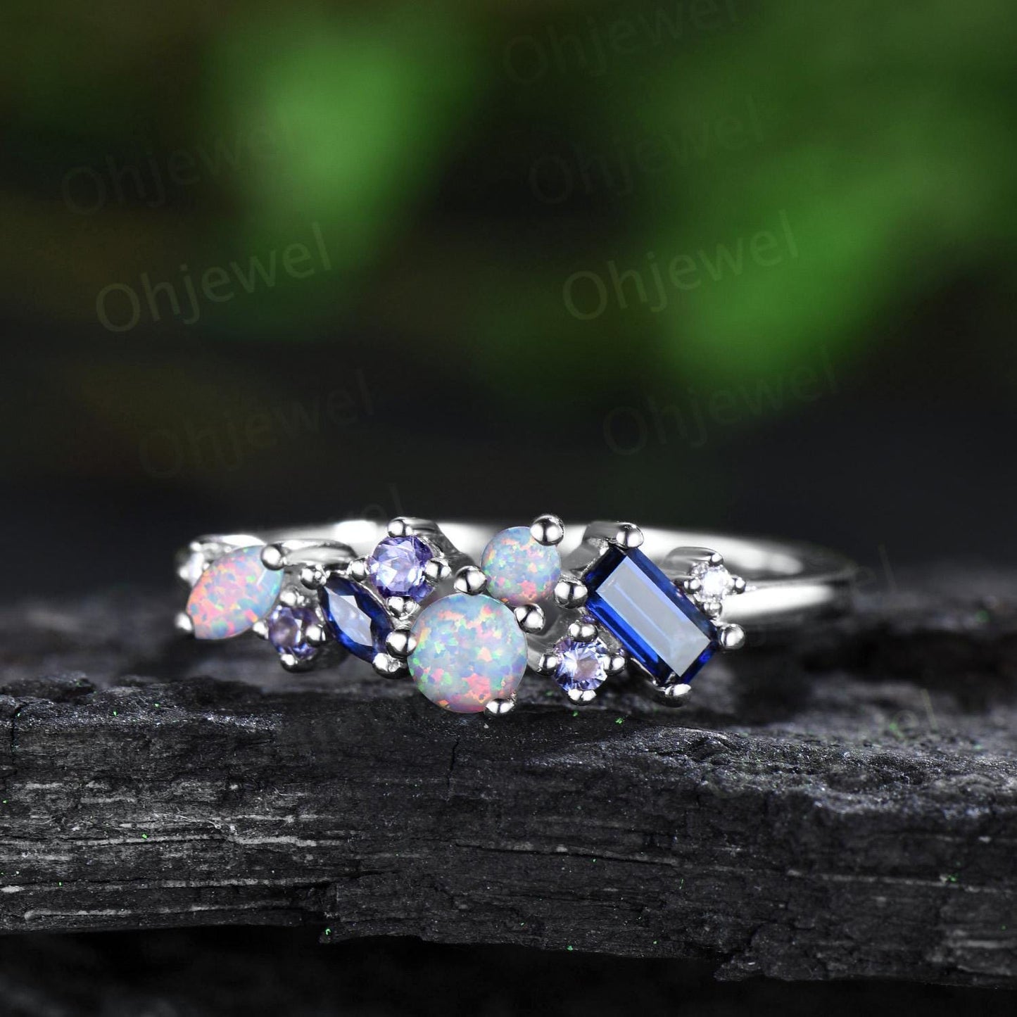 Dainty round white opal ring cluster Baguette sapphire ring natural tanzanite ring women solid 14k rose gold anniversary wedding ring gift