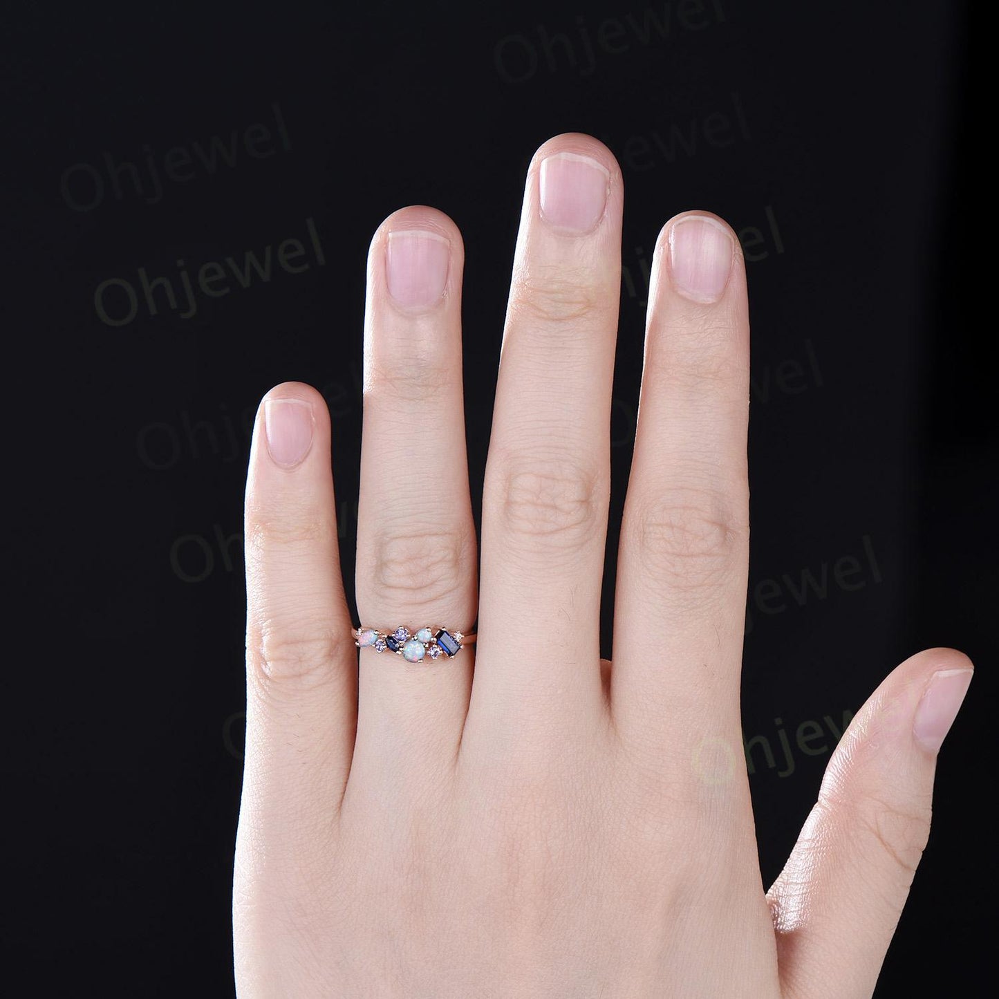Dainty round white opal ring cluster Baguette sapphire ring natural tanzanite ring women solid 14k rose gold anniversary wedding ring gift