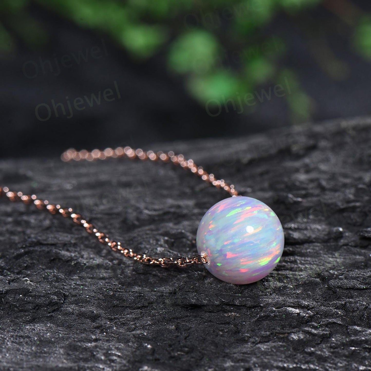9mm sphere white opal necklace solid 14k rose gold chain Ethiopian opal roundels beads pendant women anniversary gift for her silver