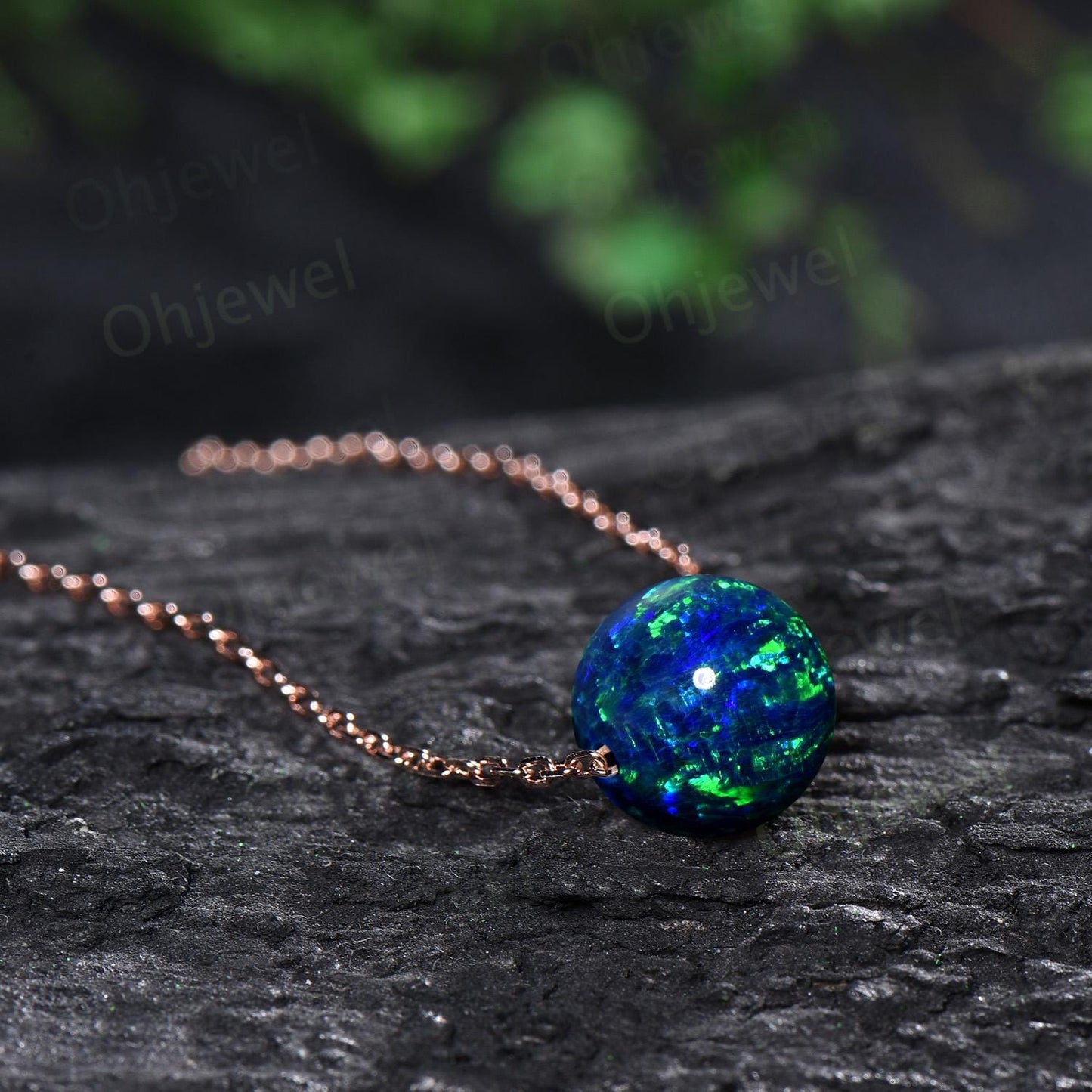 9mm sphere black opal necklace solid 14k rose gold chain Ethiopian blue opal roundels beads pendant women anniversary gift for her silver