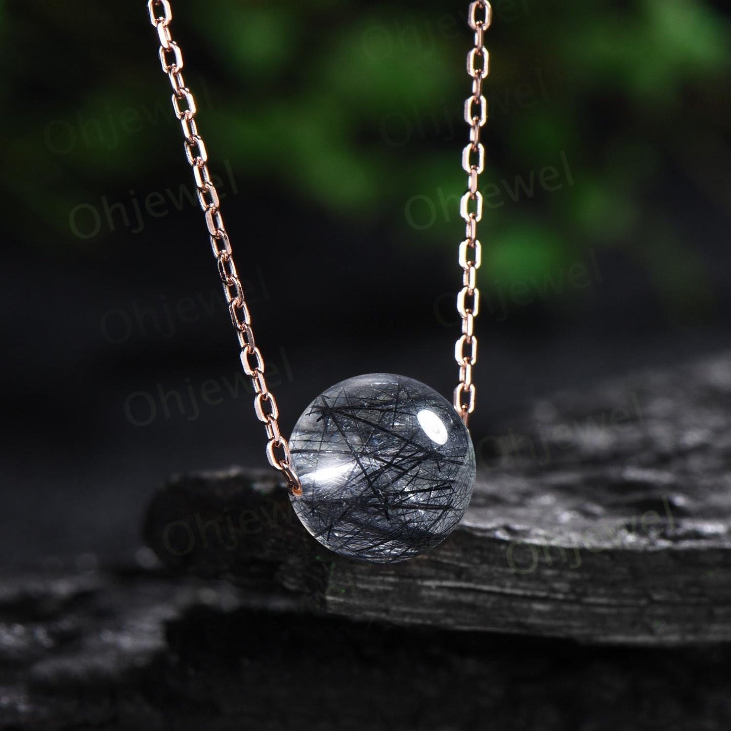 9mm sphere black rutilated quartz necklace solid 14k rose gold chain Ethiopian roundels beads pendant women anniversary gift for her silver
