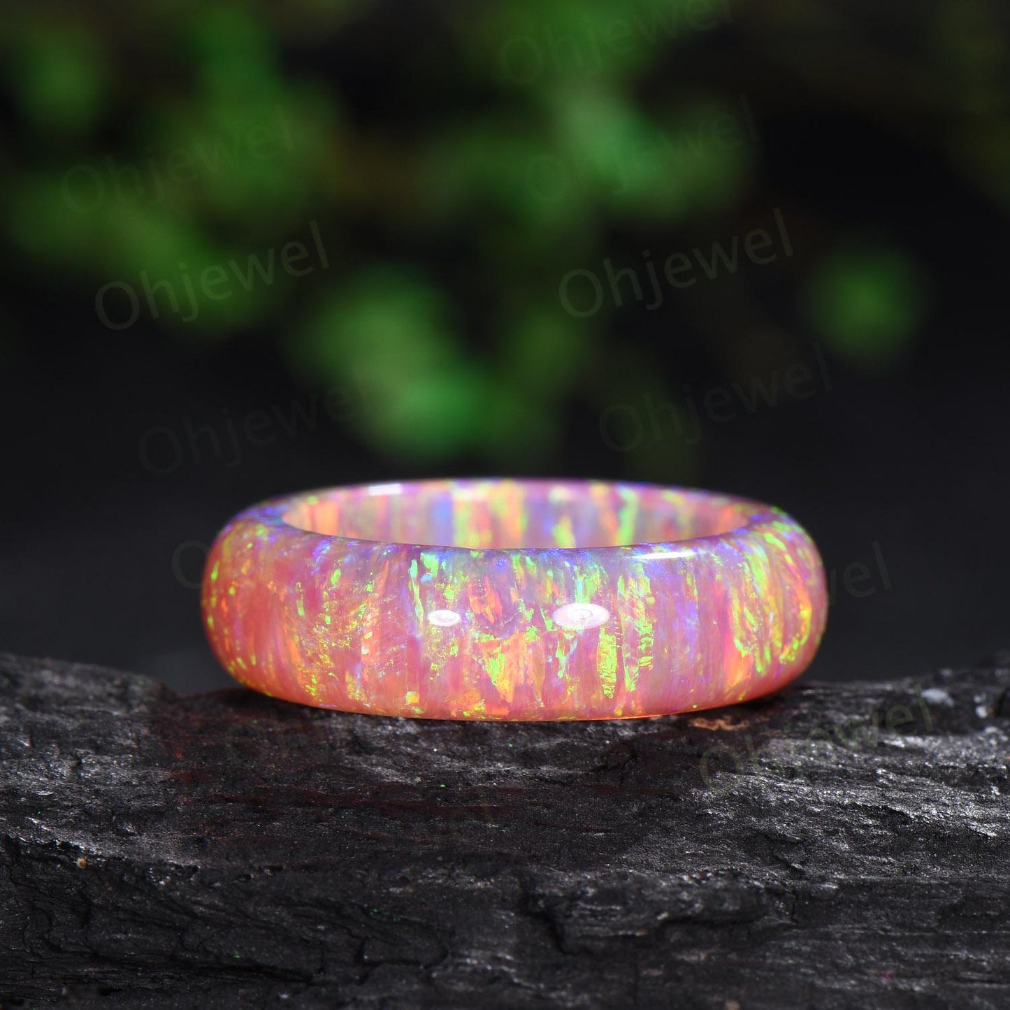 6mm unique fire pink opal wedding band mens orange opal ring minimalist stacking white opal bridal ring engagement ring gift for him husband