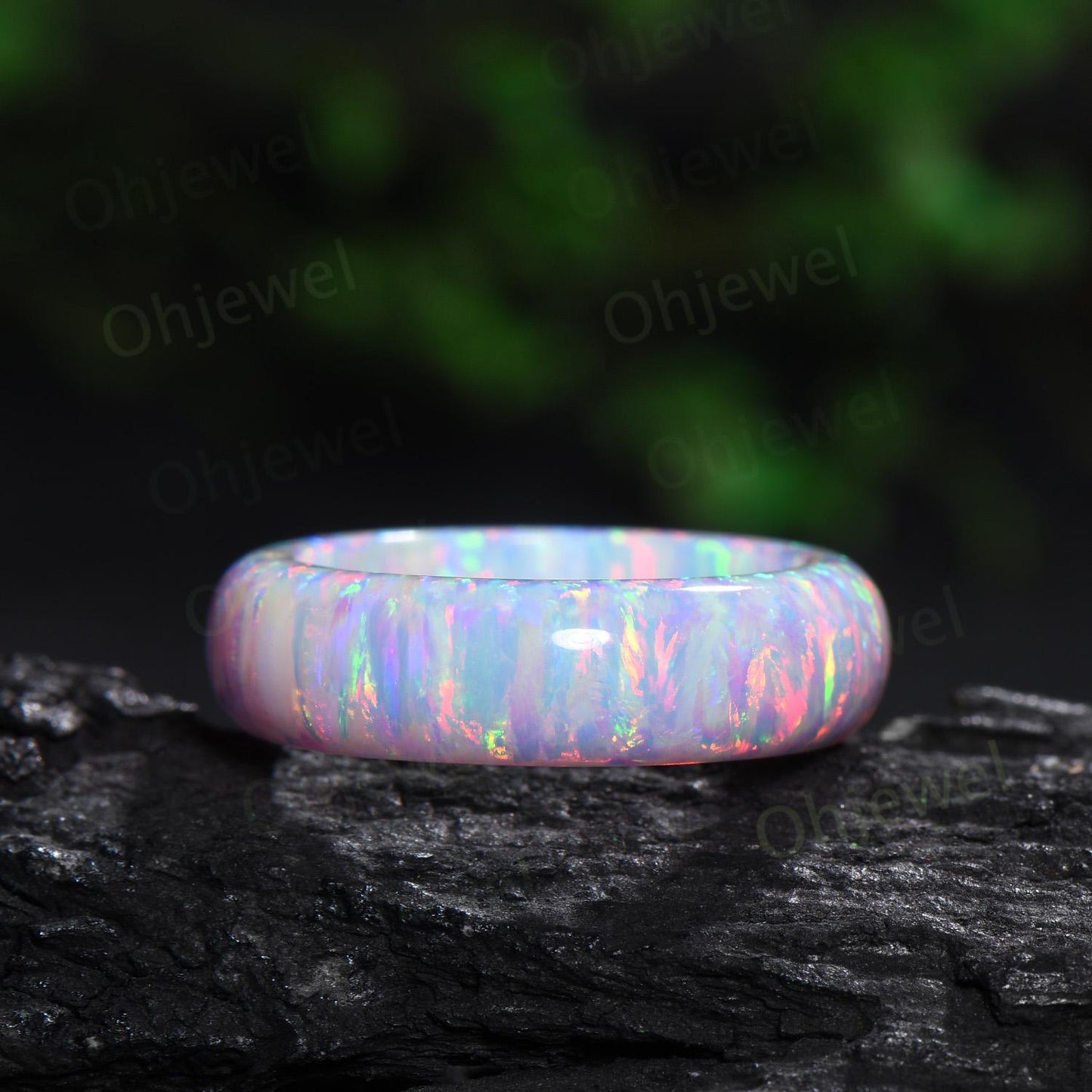6mm unique fire pink opal wedding band mens orange opal ring minimalist stacking white opal bridal ring engagement ring gift for him husband