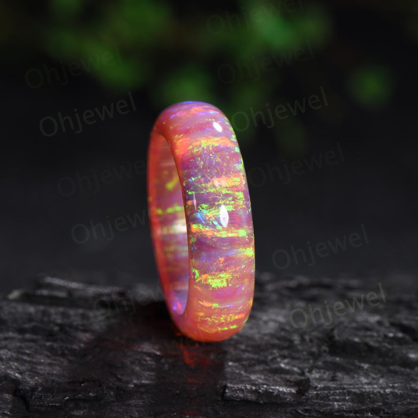 6mm unique fire pink opal wedding band mens orange opal ring minimalist stacking white opal bridal ring engagement ring gift for him husband