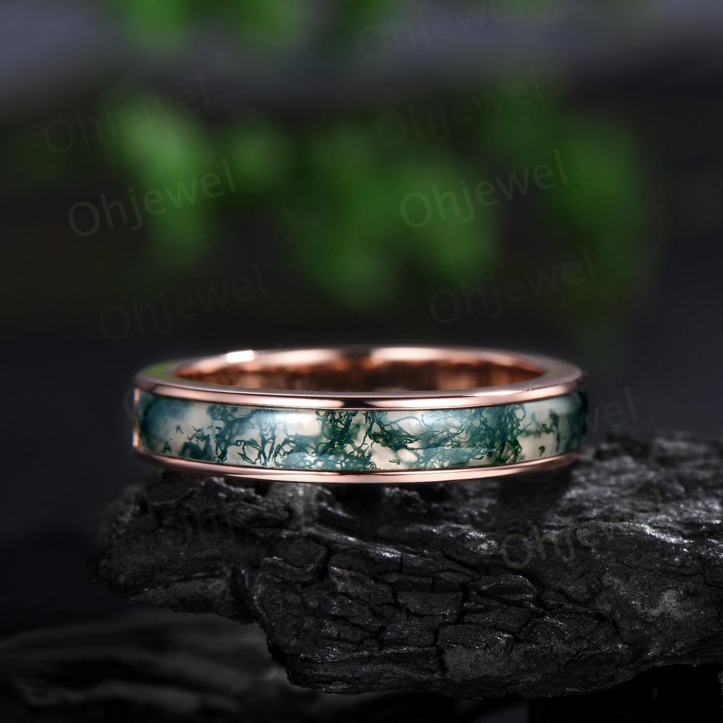 Half eternity bezel natural moss agate wedding band mens stacking ring 14k rose gold unique engagement bridal ring for husband him silver