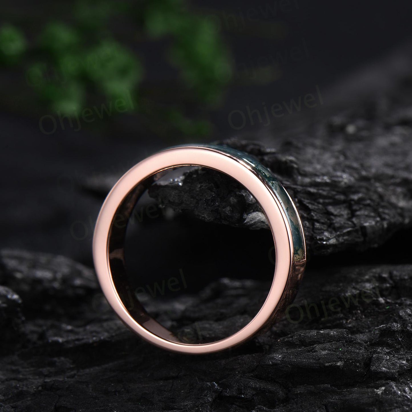 Half eternity bezel natural moss agate wedding band mens stacking ring 14k rose gold unique engagement bridal ring for husband him silver