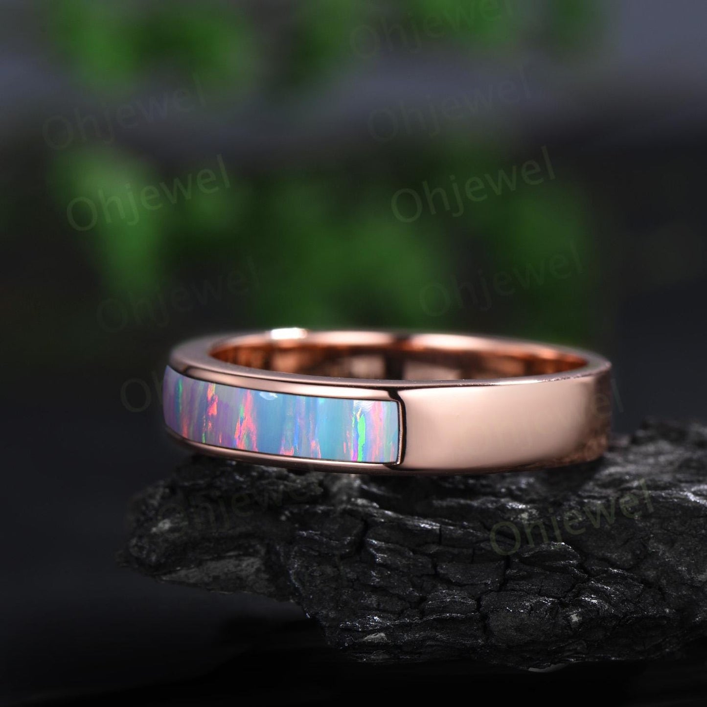 Half eternity bezel white opal wedding band mens stacking ring 14k rose gold unique engagement bridal ring for husband him silver