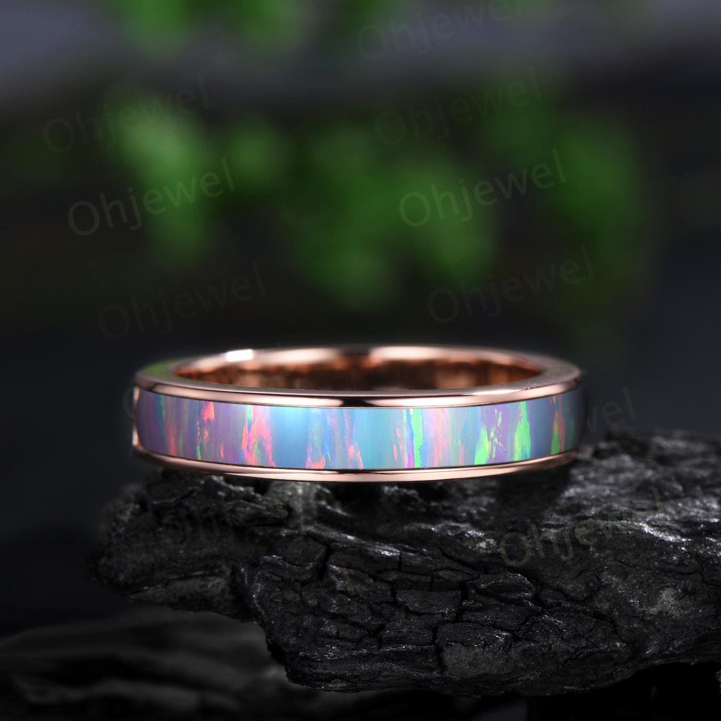 Half eternity bezel white opal wedding band mens stacking ring 14k rose gold unique engagement bridal ring for husband him silver