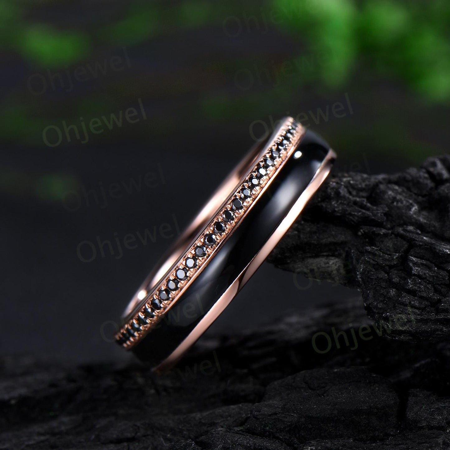 Full eternity black onyx wedding band mens double line solid 14k 18k rose gold ring unique engagement bridal ring for husband him silver