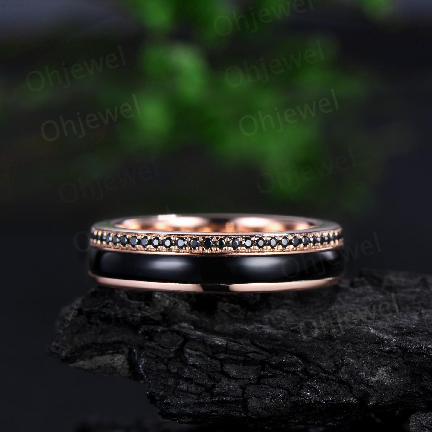 Full eternity black onyx wedding band mens double line solid 14k 18k rose gold ring unique engagement bridal ring for husband him silver