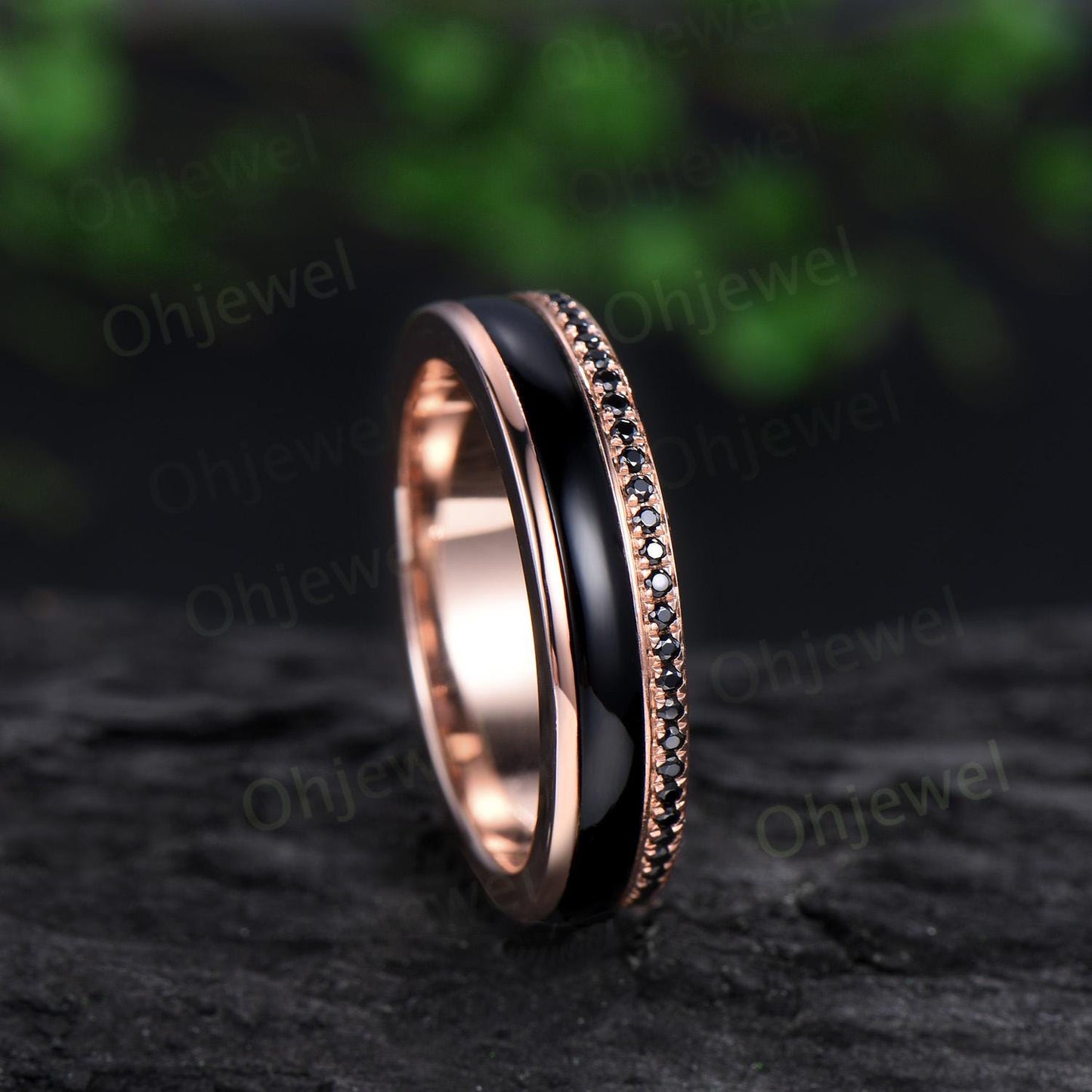 Full eternity black onyx wedding band mens double line solid 14k 18k rose gold ring unique engagement bridal ring for husband him silver
