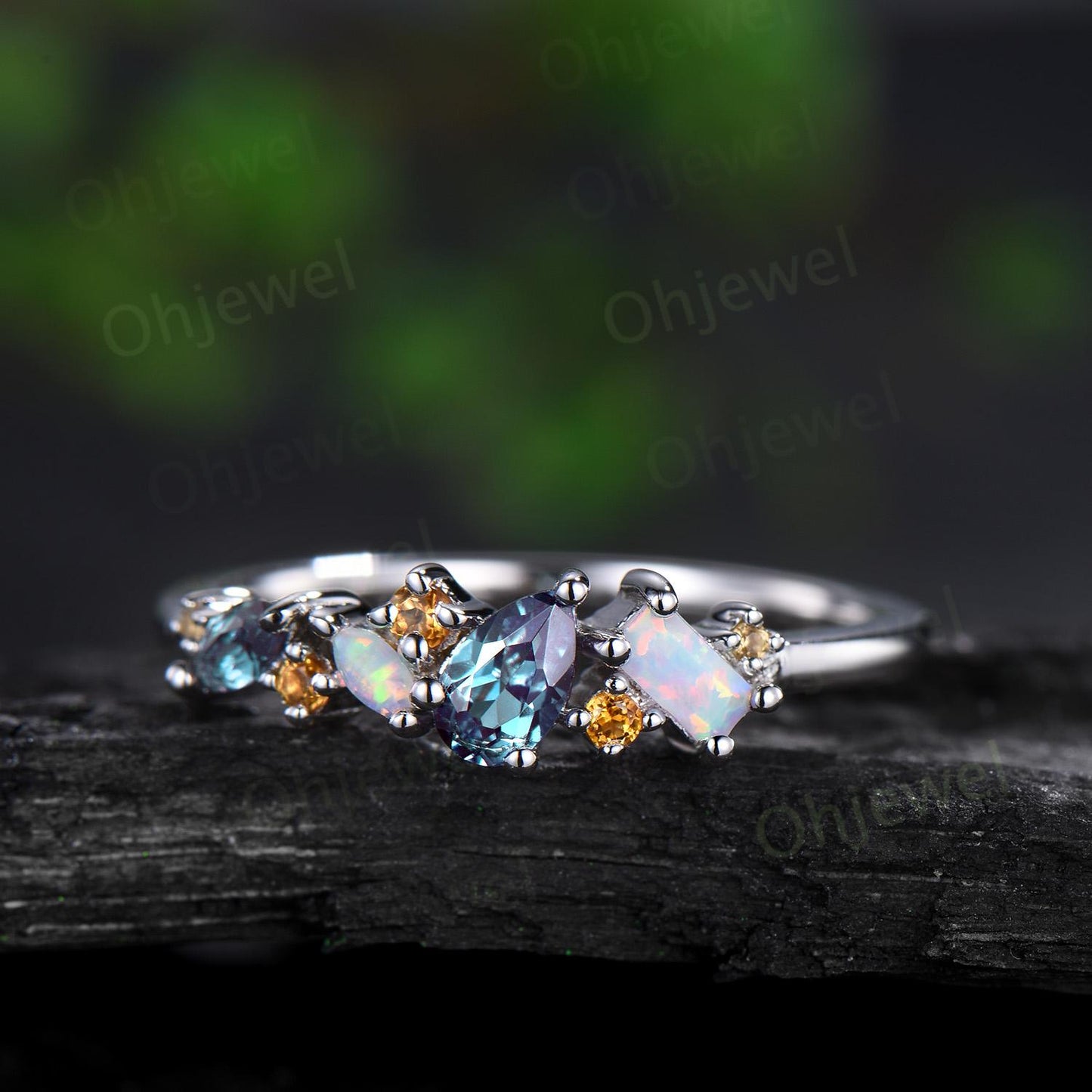 Pear Alexandrite ring white gold Baguette opal ring dainty citrine ring women anniversary bridal wedding ring band gift