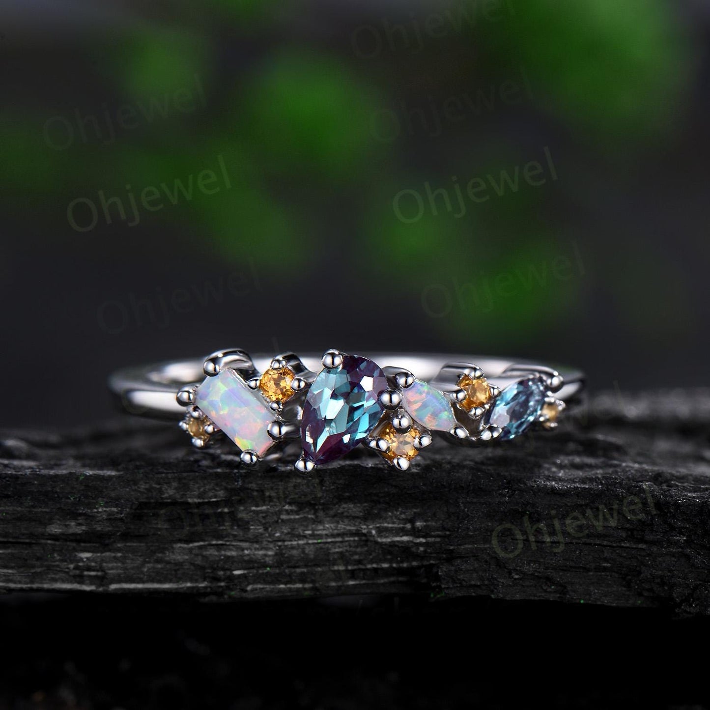 Pear Alexandrite ring white gold Baguette opal ring dainty citrine ring women anniversary bridal wedding ring band gift