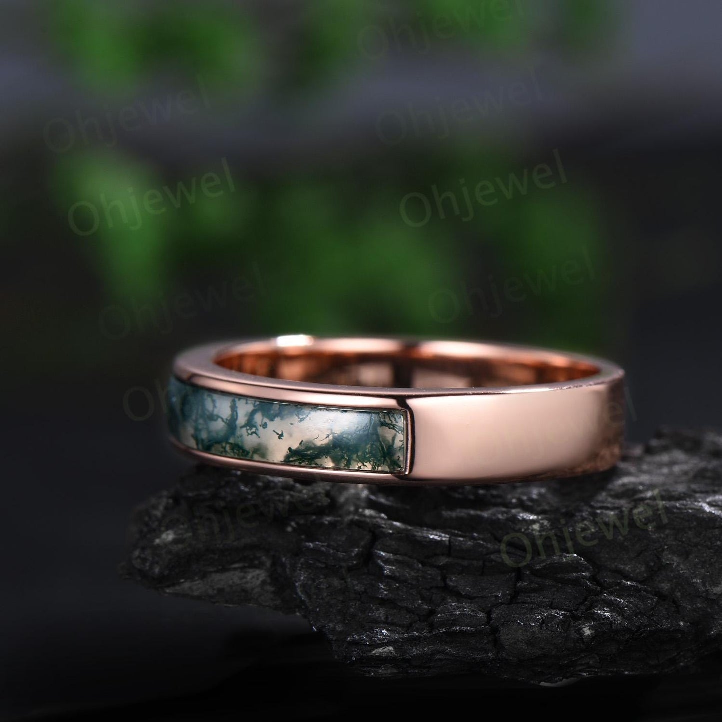 Half eternity bezel natural moss agate wedding band mens stacking ring 14k rose gold unique engagement bridal ring for husband him silver