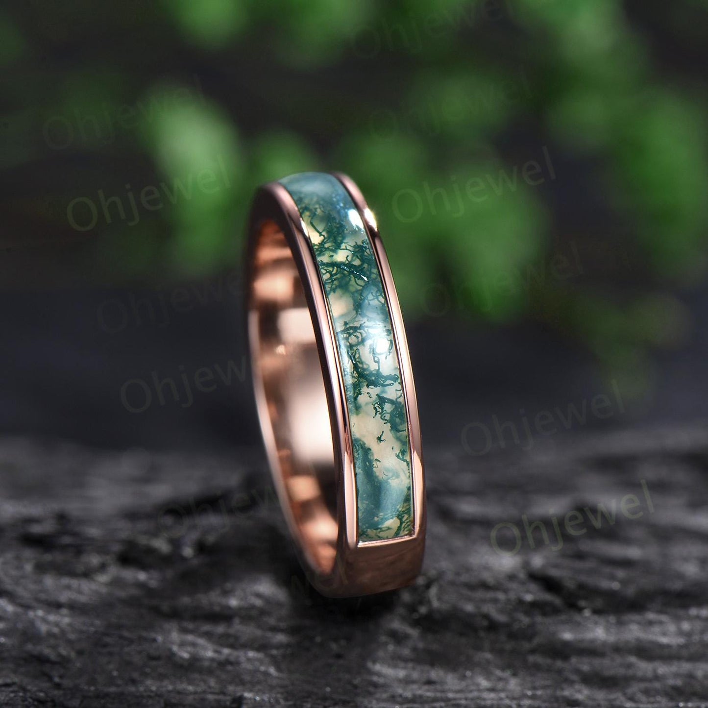 Half eternity bezel natural moss agate wedding band mens stacking ring 14k rose gold unique engagement bridal ring for husband him silver