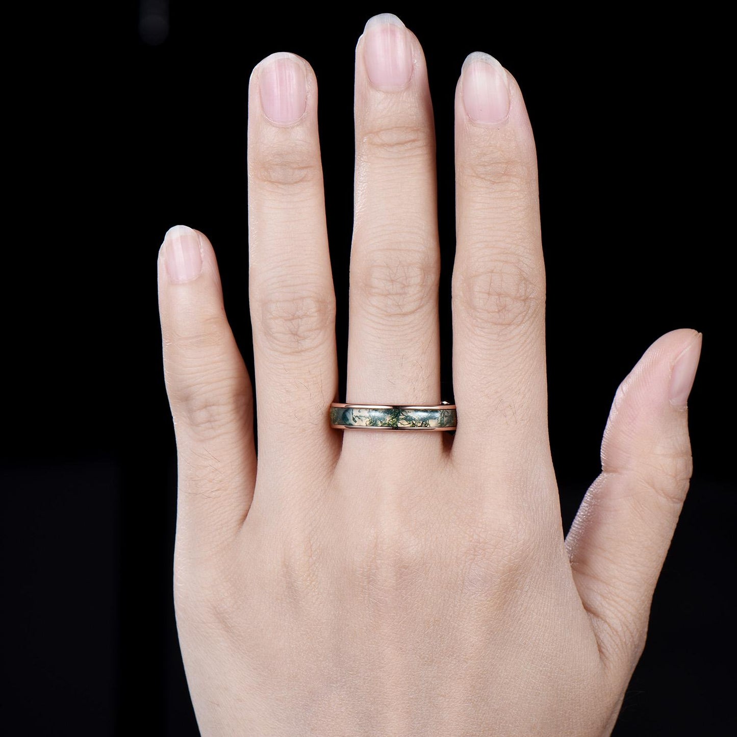 Half eternity bezel natural moss agate wedding band mens stacking ring 14k rose gold unique engagement bridal ring for husband him silver